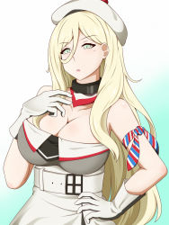 Rule 34 | 1girl, armband, bare shoulders, belt, beret, blonde hair, blue eyes, breasts, cleavage, collar, collarbone, commentary request, dress, gloves, gradient background, green background, hair between eyes, hat, kantai collection, lactone, large breasts, long hair, mole, mole under eye, mole under mouth, multicolored clothes, multicolored dress, multicolored gloves, multicolored scarf, pom pom (clothes), richelieu (kancolle), scarf, solo, strapless, strapless dress, white hat