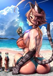 Rule 34 | 1girl, ahoge, animal ears, animal hands, antenna hair, arm at side, ass, back, bare legs, bare shoulders, beach, bikini, bikini top only, blue shorts, blue sky, bottle, breasts, brown eyes, brown hair, cat ears, cat girl, cat paws, cat tail, cloud, cloudy sky, cola, contrail, day, denim, denim shorts, eating, food, food in mouth, from behind, hair between eyes, hand up, holding, huge ahoge, huge ass, large breasts, long hair, looking at viewer, looking back, micro shorts, mouth hold, muscular, muscular female, ocean, orange bikini, original, outdoors, popsicle, profile, red eyes, shore, short shorts, shorts, sideboob, sitting, sky, soda bottle, solo, swimsuit, tail, thong, thong shorts, toned, twisted torso, underboob, water, yagatake arashi, yana (nekoarashi)