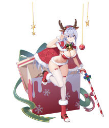 Rule 34 | 1girl, absurdres, ahoge, animal ears, ankle boots, antlers, bauble, bell, bikini, blue bow, blue eyes, boots, bow, bow legwear, bowtie, box, breasts, brown bow, brown bowtie, candy, candy cane, christmas, christmas ornaments, cleavage, cloak, deer ears, eir, fake animal ears, fake antlers, food, full body, fur-trimmed bikini, fur-trimmed cloak, fur-trimmed footwear, fur trim, gift, gift box, grey hair, grin, hair between eyes, hair intakes, hand up, high heels, highres, holding, holding candy, holding candy cane, holding food, holly, horns, large breasts, leaning forward, leg up, long hair, navel, neck bell, open box, open gift, original, red bikini, red bow, red cloak, red footwear, scrunchie, smile, snowflake print, solo, standing, standing on one leg, star ornament, stomach, swimsuit, thighhighs, very long hair, w over eye, white background, white thighhighs, wrist scrunchie