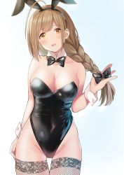 Rule 34 | 1girl, ahoge, animal ears, black bow, bow, bowtie, braid, breasts, brown eyes, brown hair, cleavage, commentary request, covered navel, cowboy shot, detached collar, fake animal ears, fishnet thighhighs, fishnets, hair ribbon, highleg, highleg leotard, highres, idolmaster, idolmaster shiny colors, koukoku, kuwayama chiyuki, lace, lace-trimmed legwear, lace trim, large breasts, leotard, looking at viewer, playboy bunny, rabbit ears, ribbon, simple background, single braid, solo, thighhighs, wrist cuffs