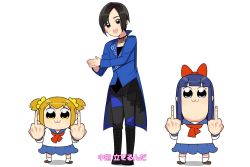Rule 34 | 10s, 1boy, 2girls, aoi shota, aoi shouta, black hair, blue eyes, blue hair, blue jacket, blunt bangs, boots, bow, hair bow, jacket, jewelry, long hair, middle finger, multiple girls, necklace, orange hair, pipimi, poptepipic, popuko, real life, red bow, short twintails, simple background, smile, twintails, white background, yellow eyes, yurichika (pixiv3221904)