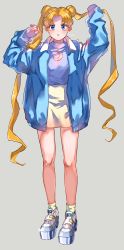 Rule 34 | 1girl, bad id, bad pixiv id, baggy clothes, bishoujo senshi sailor moon, blonde hair, blue jacket, commentary, double bun, earrings, full body, grey background, hair bun, highres, holding, holding own hair, jacket, jewelry, long hair, looking at viewer, miniskirt, moon print, parted lips, platform footwear, purple shirt, shirt, simple background, skirt, sleeves past wrists, socks, solo, sseebb, standing, symbol-only commentary, tsukino usagi, twintails, very long hair, white footwear, yellow skirt, yellow socks