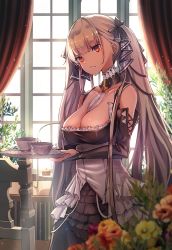 Rule 34 | 1girl, azur lane, backlighting, bare shoulders, black dress, blurry, bow, breasts, chair, cleavage, collarbone, cup, curtains, day, depth of field, detached collar, dress, flower, formidable (azur lane), frilled dress, frills, hair bow, highres, holding, holding tray, indoors, large breasts, long hair, long sleeves, looking at viewer, red eyes, rose, silver hair, smile, solo, standing, sunlight, teacup, tray, twintails, very long hair, window, yu ni t