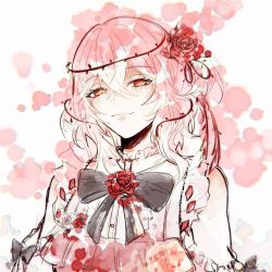 Rule 34 | baebaesama, bare shoulders, black bow, black bowtie, bow, bowtie, clothing cutout, dress, eyelashes, floral background, flower, lips, long sleeves, looking at viewer, medium hair, multicolored clothes, nijisanji, nijisanji en, pink eyes, pink hair, red dress, red flower, red rose, rose, rosemi lovelock, rosemi lovelock (1st costume), short sidetail, shoulder cutout, smile, thorns, virtual youtuber, white background, white dress