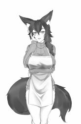 Rule 34 | 1girl, animal ears, apron, arm under breasts, breasts, commentary, cowboy shot, english commentary, fox ears, fox girl, fox tail, greyscale, hair between eyes, half-closed eyes, hand on own cheek, hand on own face, large breasts, long hair, long sleeves, looking at viewer, low ponytail, mature female, mole, mole under eye, monochrome, original, pants, parted lips, ribbed sweater, side ponytail, simple background, smile, solo, sweater, tail, twrlare, white background