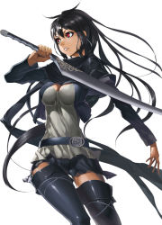 Rule 34 | 1girl, belt, black hair, black thighhighs, boots, breasts, cleavage, cropped jacket, justminor, long hair, original, parted lips, red eyes, skirt, slit pupils, solo, sword, thigh boots, thighhighs, very long hair, weapon, zettai ryouiki