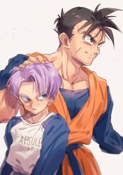 Rule 34 | 2boys, black eyes, black hair, bowl cut, clothes writing, cowlick, dougi, dragon ball, dragonball z, hand on another&#039;s head, height difference, highres, looking away, masanaga (tsukasa), multiple boys, muscular, muscular male, purple hair, short hair, simple background, son gohan (future), spiked hair, trunks (dragon ball), trunks (future) (dragon ball), white background