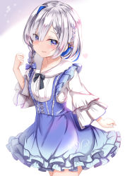 Rule 34 | 1girl, amane kanata, black bow, blue dress, blue eyes, blue hair, blush, bow, braid, collarbone, commentary request, dress, eyes visible through hair, frilled dress, frills, hair between eyes, highres, hololive, long sleeves, looking at viewer, multicolored hair, pink hair, sailor collar, shirt, smile, solo, streaked hair, virtual youtuber, white hair, white sailor collar, white shirt, wide sleeves, yuano