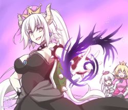 Rule 34 | 3girls, black dress, blonde hair, bowsette, bowsette (cosplay), bracelet, breasts, cleavage, collar, commentary request, cosplay, crown, dress, fate/grand order, fate (series), horns, jeanne d&#039;arc (fate), jeanne d&#039;arc (ruler) (fate), jeanne d&#039;arc alter (avenger) (fate), jeanne d&#039;arc alter (fate), jeanne d&#039;arc alter santa lily (fate), jewelry, large breasts, long hair, luigi&#039;s mansion, mario (series), mmarimo v, multiple girls, new super mario bros. u deluxe, nintendo, open mouth, pink dress, ponytail, princess king boo, princess king boo (cosplay), princess peach, princess peach (cosplay), smile, spiked bracelet, spiked collar, spikes, super crown, turtle shell, very long hair, white dress, white hair, yellow eyes