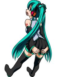 Rule 34 | 1girl, boots, detached sleeves, from behind, full body, green eyes, green hair, hatsune miku, headphones, long hair, matching hair/eyes, o-minato, open mouth, skirt, solo, thigh boots, thighhighs, twintails, very long hair, vocaloid, white background