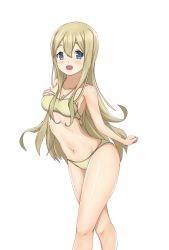 Rule 34 | 1girl, absurdres, bikini, blonde hair, blue eyes, blush, breasts, cleavage, eyebrows, hand on own chest, highres, k-on!, kotobuki tsumugi, long hair, medium breasts, midriff, navel, open mouth, smile, solo, standing, swimsuit, thick eyebrows, thighs, white background, yasuc, yellow bikini