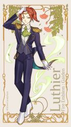 Rule 34 | 1boy, absurdres, artist name, ascot, aura, blue pants, blue suit, border, character name, circlet, closed mouth, commentary, commission, copyright name, english commentary, epaulettes, fire emblem, fire emblem gaiden, flower, formal, full body, gloves, green ascot, highres, inset border, luthier (fire emblem), male focus, nintendo, orange eyes, ornate border, pants, red flower, red hair, short hair, silvercandy gum, standing, suit, twitter username, white background, white gloves