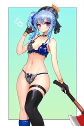Rule 34 | 1girl, axe, beret, black choker, blue bra, blue hair, blue nails, blue panties, bra, breasts, choker, crown, gloves, hat, highres, holding, holding axe, hololive, hoshimachi suisei, hoshimachi suisei (1st costume), mini crown, nail polish, navel, notte, panties, partially fingerless gloves, plaid headwear, purple eyes, side ponytail, single thighhigh, small breasts, solo, star (symbol), star in eye, stomach, symbol in eye, thigh strap, thighhighs, underwear, virtual youtuber