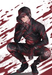 Rule 34 | 10s, 1boy, alternate color, alternate hair color, black footwear, black gloves, black hair, black hat, black jacket, black pants, blood, blood on clothes, blood on face, boots, clothes writing, commentary request, cross-laced footwear, flat cap, full body, gloves, hand up, hat, hataraku saibou, highres, holding, holding knife, jacket, knife, lace-up boots, long sleeves, looking at viewer, male focus, melings (aot2846), pants, parted lips, revision, solo, squatting, white background, white blood cell (hataraku saibou)