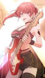 Rule 34 | 1girl, arm tattoo, breasts, character name, choker, cowboy shot, fishnet thighhighs, fishnets, guitar, hair between eyes, heart, heart tattoo, heterochromia, highres, holding, holding instrument, holding plectrum, hololive, houshou marine, instrument, jangmaseason, looking at viewer, medium breasts, pantyhose, plectrum, red eyes, red hair, shorts, single thighhigh, solo, sweat, tattoo, thighhighs, twintails, virtual youtuber, yellow eyes