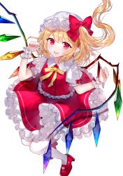 Rule 34 | 1girl, :d, arms up, blonde hair, blush, commentary, contrapposto, curled fingers, fangs, fingernails, flandre scarlet, floating hair, full body, hat, hat ribbon, high heels, looking at viewer, mary janes, mob cap, nail polish, open mouth, pantyhose, petticoat, pointy ears, puffy short sleeves, puffy sleeves, red eyes, red footwear, red nails, red skirt, red vest, ribbon, sakizaki saki-p, shirt, shoes, short sleeves, simple background, skin fangs, skirt, smile, solo, standing, touhou, twitter username, vest, white background, white hat, white pantyhose, white shirt, wings, wrist cuffs, yellow neckwear, yellow ribbon