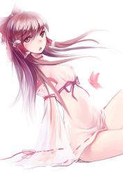 Rule 34 | 1girl, absurdres, alternate costume, arm support, bow, breasts, brown eyes, brown hair, bug, butterfly, covered erect nipples, detached sleeves, dress, dutch angle, hair bow, hair tubes, hakurei reimu, highres, insect, leaning back, lips, long hair, looking at viewer, looking to the side, mou kankan, naked shirt, no bra, no panties, no pants, open mouth, ribbon-trimmed clothes, ribbon-trimmed sleeves, ribbon trim, see-through, shirt, simple background, small breasts, solo, touhou, white background, white dress