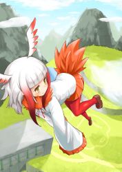 Rule 34 | 10s, 1girl, absurdres, bird tail, blunt bangs, blush, building, cloud, day, flying, frilled sleeves, frills, full body, fur collar, grass, half-closed eyes, haru (renol), head wings, highres, japanese crested ibis (kemono friends), kemono friends, looking back, mountain, outdoors, panties, pantyhose, pleated skirt, red pantyhose, red skirt, short hair with long locks, skirt, sky, sleeves past wrists, smile, solo, tail, underwear, white hair, wide sleeves, wings, yellow eyes