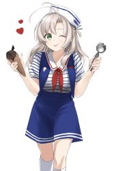 Rule 34 | 1girl, antenna hair, blue shorts, blue vest, casual, commentary request, feet out of frame, food, green eyes, grey hair, hair tie, hat, heart, highres, ice cream, ice cream cone, ice cream scoop, kantai collection, kinugasa (kancolle), kinugasa kai ni (kancolle), kneehighs, looking at viewer, morinaga miki, neckerchief, one eye closed, one side up, red neckerchief, sailor hat, shirt, shorts, simple background, single scoop, smile, socks, solo, striped clothes, striped shirt, tongue, tongue out, vest, white background, white hat, white socks