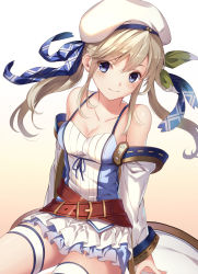 Rule 34 | 1girl, akanebi, belt, blonde hair, blue eyes, blue ribbon, breasts, cleavage, collarbone, cucouroux (granblue fantasy), floating hair, granblue fantasy, green ribbon, hair between eyes, hair ribbon, hat, highres, layered skirt, long hair, looking at viewer, medium breasts, miniskirt, pleated skirt, rei no himo, ribbon, shiny skin, shirt, simple background, sitting, skirt, sleeveless, sleeveless shirt, smile, solo, thigh strap, twintails, white background, white hat