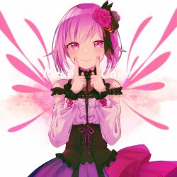 Rule 34 | 1girl, bare shoulders, black shirt, blush, center frills, closed mouth, detached sleeves, fingers to mouth, flower, frilled shirt, frills, hair flower, hair ornament, highres, long bangs, looking at viewer, nail polish, nuko 0108, ootori emu, pink eyes, pink flower, pink hair, pink nails, pink skirt, project sekai, raised eyebrows, rose cage (project sekai), shirt, short hair, sidelocks, simple background, skirt, sleeveless, sleeveless shirt, smile, solo, straight-on, white background, white sleeves