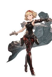 Rule 34 | 10s, 1girl, armpits, blonde hair, bodysuit, brown eyes, djeeta (granblue fantasy), dual wielding, earrings, elbow gloves, full body, gloves, granblue fantasy, gun, gunslinger (granblue fantasy), headband, holding, holding weapon, jewelry, leotard, looking at viewer, minaba hideo, single glove, single vambrace, solo, transparent background, vambraces, weapon