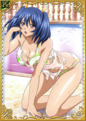 Rule 34 | 00s, 1girl, all fours, bashoku youjou, bikini, blue hair, breasts, card (medium), cleavage, curvy, female focus, hair ornament, ikkitousen, large breasts, looking at viewer, navel, purple eyes, short twintails, solo, standing, swimsuit, twintails