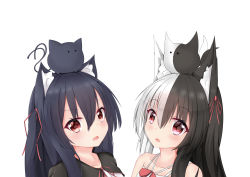Rule 34 | 2girls, :&lt;, :3, absurdres, alice mana, alice mana channel, animal, animal ear fluff, animal ears, animal on head, bare shoulders, black hair, cat ears, chisuzu mei, closed mouth, creator connection, crossover, dress, drop shadow, fang, hair between eyes, hair ribbon, highres, long hair, multicolored hair, multiple girls, nagato-chan, on head, one side up, open mouth, paryi project, red eyes, red ribbon, ribbon, shirt, simple background, sleeveless, sleeveless dress, two-tone hair, upper body, v-shaped eyebrows, virtual youtuber, white background, white dress, white hair, white shirt