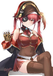 Rule 34 | 1girl, ascot, bare shoulders, belt, bicorne, black choker, black coat, black hat, blush, breasts, brooch, brown belt, brown thighhighs, choker, cleavage, closed mouth, coat, cropped jacket, crossed legs, eyepatch, gloves, gold trim, hair ribbon, hat, highres, hololive, houshou marine, jacket, jewelry, lace, lace-trimmed legwear, lace trim, large breasts, leather belt, leotard, leotard under clothes, long hair, looking at viewer, miniskirt, off shoulder, pirate, pirate hat, pleated skirt, raiya atelier, red ascot, red eyes, red hair, red jacket, red ribbon, red skirt, ribbon, see-through, see-through cleavage, see-through leotard, signature, simple background, sitting, skindentation, skirt, sleeveless, sleeveless jacket, smile, solo, thighhighs, twintails, virtual youtuber, white background, white gloves, zettai ryouiki