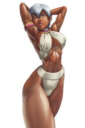 Rule 34 | 1girl, abs, armlet, armpits, arms behind back, bad anatomy, blue eyes, breasts, capcom, dark-skinned female, dark skin, elena (street fighter), jewelry, large breasts, lipstick, makeup, muscular, neck ring, necklace, nose, shinonome (game hakkutsu tai), shiny skin, short hair, sideboob, solo, street fighter, street fighter iii (series), swimsuit, thick thighs, thighs, toned, underboob, ura sinomoe, white hair