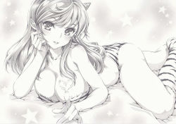 Rule 34 | 1girl, animal print, ass, bikini, boots, breasts, cleavage, cone horns, graphite (medium), heart, horns, legs, long hair, looking at viewer, lum, lying, mikuro, monochrome, on stomach, oni, solo, strapless, swimsuit, thighs, tiger print, traditional media, urusei yatsura