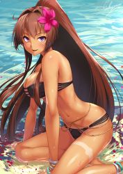 Rule 34 | 1girl, ahoge, alternate costume, alternate eye color, anklet, arm support, artist name, ass, bangle, bare shoulders, beach, belly chain, between legs, bikini, black bikini, blush, bracelet, breasts, brown hair, cleavage, closed mouth, day, flower, groin, hair flower, hair intakes, hair ornament, hand between legs, jewelry, kantai collection, large breasts, leaning forward, long hair, looking at viewer, navel, ocean, open mouth, outdoors, partially submerged, petals, petals on liquid, pink flower, ponytail, purple eyes, sakiyamama, sidelocks, signature, sitting, skindentation, smile, solo, stomach, strapless, strapless bikini, swimsuit, tan, tanline, thighs, very long hair, water, wet, yamato (kancolle), yokozuwari