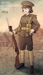Rule 34 | 1girl, absurdres, ammunition pouch, bayonet, bolt action, boots, breast pocket, brown hair, brown hat, brown pants, brown shirt, brown theme, dirt, english text, glasses, green eyes, gun, gun sling, hair between eyes, hand on own hip, hat, highres, lee-enfield, looking at viewer, military, military uniform, nico jiang, original, pants, pocket, pouch, rifle, round eyewear, shirt, soldier, solo, trench, uniform, union jack, weapon