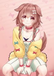 Rule 34 | 1girl, :3, animal collar, animal ears, bad id, bad pixiv id, blue bow, bone hair ornament, bow, bracelet, braid, breasts, brown eyes, brown hair, buttons, cartoon bone, choker, cleavage, closed mouth, collar, collarbone, commentary request, dog ears, dog girl, dog tail, dress, finalcake, hair between eyes, hair ornament, hairclip, heart, highres, hololive, inugami korone, inugami korone (1st costume), jacket, jewelry, long hair, looking at viewer, low twin braids, red bow, red collar, sitting, small breasts, smile, solo, tail, twin braids, virtual youtuber, white dress, yellow jacket