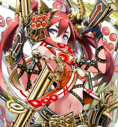 Rule 34 | bare shoulders, blue eyes, covered mouth, gun, midriff, navel, original, red hair, scarf, sessue, sleeveless, solo, twintails, weapon