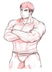 Rule 34 | 1boy, arm hair, bara, blush, bulge, chest hair, cropped legs, crossed arms, facial hair, fundoshi, hairy, harada (basashi), japanese clothes, takabushi kengo, leg hair, long sideburns, looking away, male focus, mature male, muscular, muscular male, no pants, pectorals, short hair, sideburns, solo, stubble, sweatdrop, thick eyebrows, thick thighs, thighs, tokyo houkago summoners
