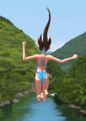 Rule 34 | 1girl, ass, bad id, bad pixiv id, barefoot, bikini, black hair, clenched hands, day, falling, feet, from behind, isozaki bebebe, jumping, long hair, nature, original, ponytail, river, scenery, side-tie bikini bottom, sky, solo, swimsuit