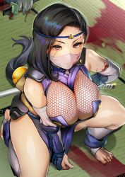 Rule 34 | 1girl, arm guards, bare shoulders, barefoot, black hair, blood, blood on clothes, blood on face, breasts, circlet, cleavage, covered mouth, fingernails, fishnet top, fishnets, from above, highres, holding, holding sword, holding weapon, ichiren takushou, large breasts, long hair, mask, mouth mask, ninja, ninja mask, on one knee, original, pelvic curtain, purple eyes, shin guards, stirrup legwear, sword, tatami, thighs, toeless legwear, very long hair, weapon