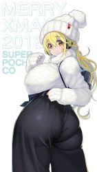 Rule 34 | 1girl, alternate hairstyle, ass, backpack, bag, beanie, blonde hair, blush, breasts, curvy, fur trim, hat, headphones, highres, huge breasts, long hair, looking at viewer, looking back, merry christmas, nitroplus, orange eyes, parted lips, plump, smile, solo, standing, super pochaco, thick thighs, thighs, tsuji santa, wide hips, winter clothes