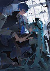Rule 34 | 1boy, 1girl, absurdres, aqua eyes, aqua hair, aqua nails, armchair, bat (animal), bat wings, birdcage, black cape, black footwear, black pants, black ribbon, black skirt, black thighhighs, blue eyes, blue hair, blue nails, boots, bow, bug, butterfly, cage, cape, chair, closed mouth, commentary request, crossed legs, dutch angle, fake wings, fang, full body, goth fashion, grey shirt, hair bow, hand on another&#039;s head, hatsune miku, high-waist skirt, highres, holding another&#039;s hair, insect, kaito (9595119405), kaito (vocaloid), long hair, long sleeves, looking at viewer, looking back, on ground, pants, ribbon, shirt, short hair, sitting, skin fang, skirt, sleeveless, sleeveless shirt, smile, thighhighs, torn cape, torn clothes, torn thighhighs, twintails, vampire costume, very long hair, vocaloid, window, wings, yokozuwari