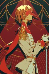 Rule 34 | 1boy, absurdres, akechi gorou, brown hair, cape, daniel (breloomings), epaulettes, facing to the side, grey background, highres, holding, holding sword, holding weapon, looking ahead, male focus, multicolored background, pants, persona, persona 5, persona 5 the royal, red background, red cape, red eyes, red mask, shirt, short hair, solo, sword, weapon, weighing scale, white pants, white shirt