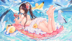 Rule 34 | 1girl, animal, anniversary, atdan, azur lane, back, backless dress, backless outfit, banana boat, bare shoulders, barefoot, bird, breasts, brown hair, chick, cloud, commentary, day, dress, feet, flower, hair flower, hair ornament, halter dress, halterneck, hiei (azur lane), hiei (beauty of the white sands) (azur lane), holding, inflatable raft, innertube, large breasts, legs up, long hair, looking at viewer, looking back, lying, manjuu (azur lane), ocean, on stomach, outdoors, parfait, ponytail, seagull, short dress, signature, sky, sleeveless, sleeveless dress, solo, spaghetti strap, sunglasses, swim ring, the pose, thighs, towel, water, waves, white dress, yellow eyes