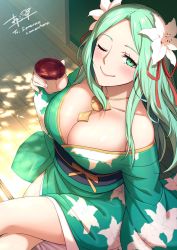 Rule 34 | 1girl, alcohol, breasts, choko (cup), closed mouth, commission, cup, fire emblem, flower, green eyes, green hair, hair flower, hair ornament, highres, japanese clothes, jewelry, large breasts, long hair, looking at viewer, necklace, nintendo, oyaji-sou, rhea (fire emblem), sake, skeb commission, solo