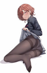 Rule 34 | 1girl, absurdres, ass, black pantyhose, blue sweater vest, blush, brown hair, clothes lift, commentary request, foreshortening, from behind, full body, hair ornament, hairclip, highres, higuchi madoka, idolmaster, idolmaster shiny colors, long sleeves, looking at viewer, looking back, miniskirt, mole, mole under eye, no shoes, panties, panties under pantyhose, pantyhose, parted lips, purple eyes, short hair, simple background, skirt, skirt lift, soles, solo, sweater vest, tamago (eva1314056), thighband pantyhose, toes, underwear, white background, white skirt