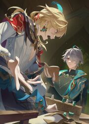 Rule 34 | 0jae, 2boys, absurdres, alhaitham (genshin impact), blonde hair, blue eyes, blue hair, board game, book, chest jewel, closed mouth, detached sleeves, earrings, feather hair ornament, feathers, genshin impact, grey hair, hair between eyes, hair ornament, hair over one eye, hairclip, highres, holding, holding book, jewelry, kaveh (genshin impact), long sleeves, male focus, multicolored hair, multiple boys, open mouth, signature, sparkle, table