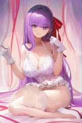Rule 34 | 1girl, absurdres, bb (fate), breasts, closed mouth, collarbone, commentary, english commentary, fate/grand order, fate (series), gloves, hair ribbon, halterneck, high heels, highres, koko sasuwo, large breasts, long hair, looking at viewer, nightgown, panties, playing with own hair, purple eyes, purple hair, red ribbon, ribbon, sitting, smile, solo, thighhighs, thighs, underwear, wariza, white footwear, white gloves, white nightgown, white panties, white thighhighs
