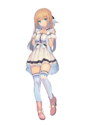 Rule 34 | 1girl, aqua eyes, blonde hair, boots, braid, eyebrows, full body, high heels, highres, interlocked fingers, kneehighs, looking at viewer, mukouzaki rie, non-web source, official art, peroshi (graphic loops), pleated skirt, simple background, skirt, smile, socks, solo, toys drive, white background, white socks, wrist cuffs