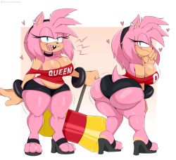 Rule 34 | 1girl, absurdres, amy rose, aqua eyes, areola slip, ass, ass shake, belly, blush, bracelet, breasts, cleavage, earrings, hairband, hammer, heart, high heels, highres, huge ass, jewelry, jiggle, jinu (jinusenpai), large breasts, micro shorts, motion lines, sharp teeth, shorts, smile, solo, sonic (series), tail, teeth, thick thighs, thighs, wide hips