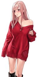 Rule 34 | 1girl, applekun, blue eyes, blush, boots, breasts, collarbone, earrings, fate/grand order, fate (series), hair down, highres, jewelry, key, looking to the side, medium breasts, miyamoto musashi (fate), off-shoulder sweater, off shoulder, pink hair, simple background, solo, sweater, white background