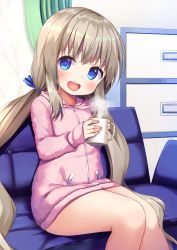 Rule 34 | 1girl, :d, absurdres, asa no ha (awayuki), blue eyes, blue ribbon, blush, commentary request, couch, cup, curtains, drawer, grey hair, hair ribbon, head tilt, highres, holding, holding cup, hood, hood down, indoors, jacket, long hair, long sleeves, looking at viewer, low twintails, mug, on couch, open mouth, original, pink jacket, ribbon, sitting, smile, solo, steam, tareme, teeth, thighs, twintails, upper teeth only, very long hair, wavy hair, zipper pull tab